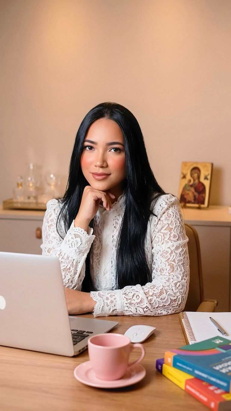 Izabella Lima, psicoterapeuta, sentada à mesa de trabalho com notebook, em ambiente acolhedor, transmitindo serenidade e profissionalismo.